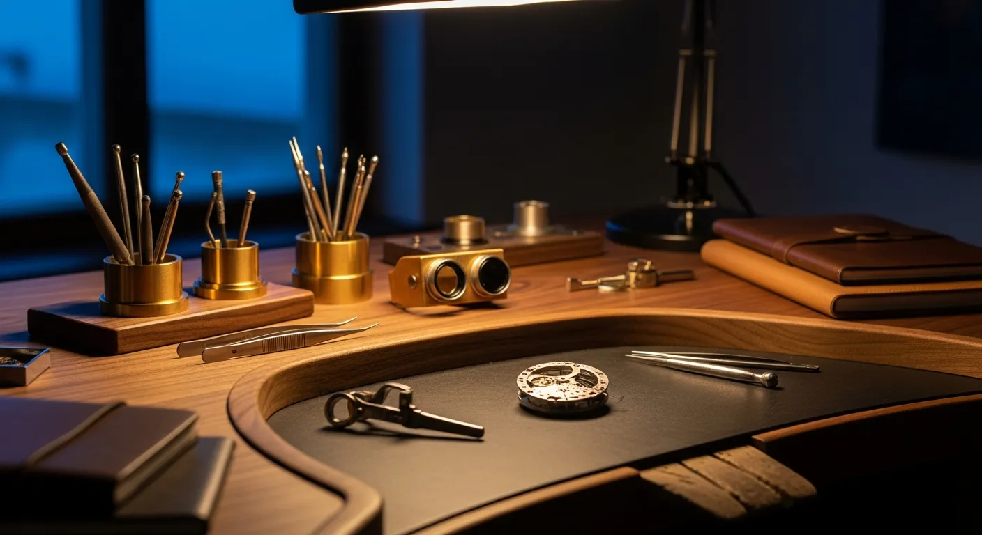 A watchmaker's atelier at dusk with a single bench under a focused work light, brass tools, magnifying loupe, and a half-disassembled mechanical movement