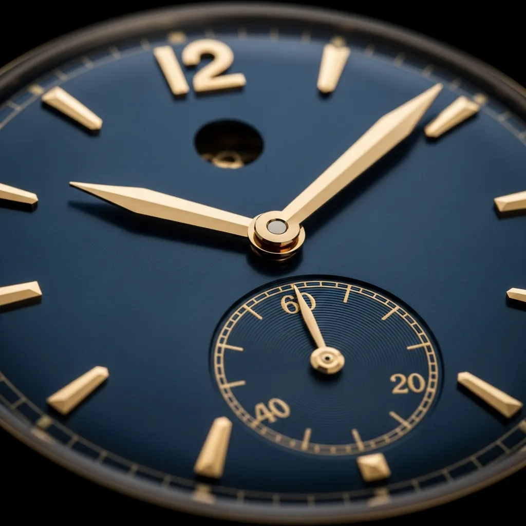 A close-up of a deep midnight-blue grand-feu enamel watch dial with applied gold indices and faceted gold hands